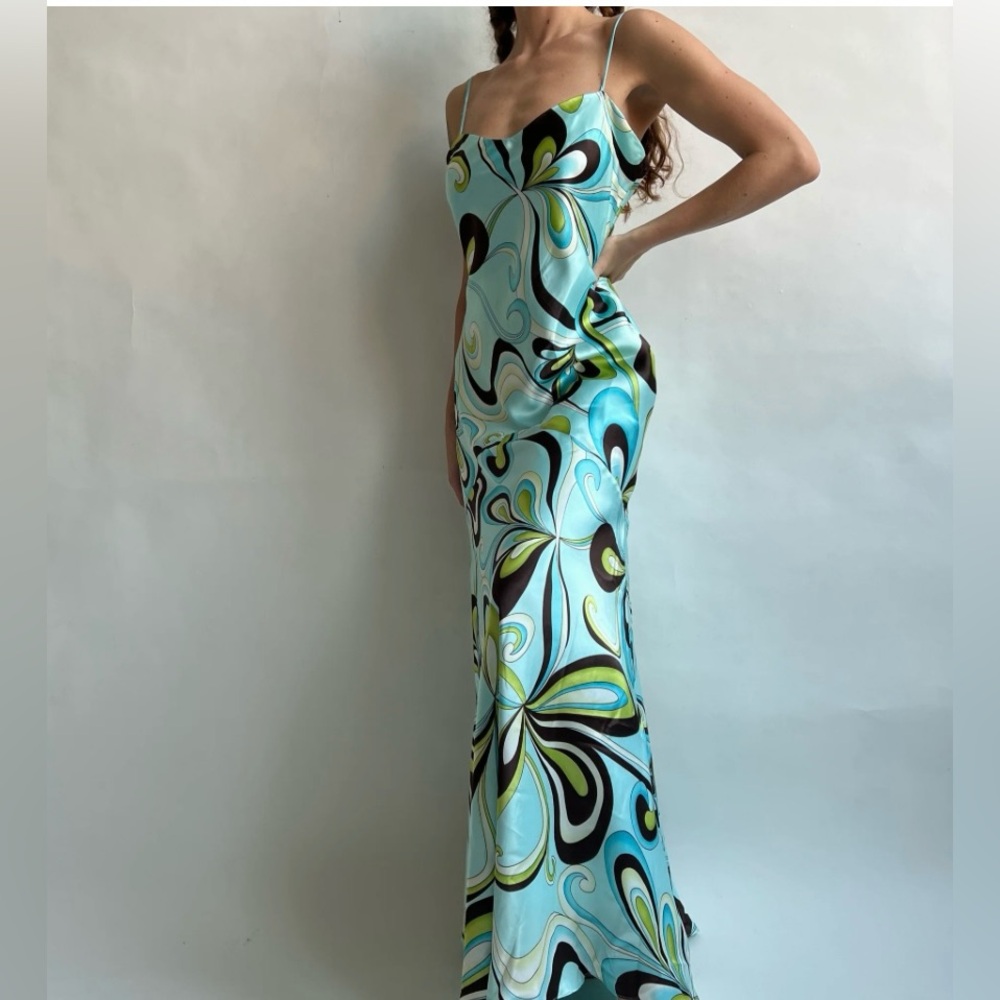 Vintage Y2K Maria Bonita Satin Maxi Groovy Print Dress - size L